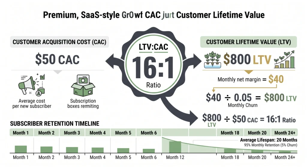 Financial infographic illustrating customer acquisition cost, customer lifetime value, churn, and a 16-to-1 LTV-to-CAC ratio.