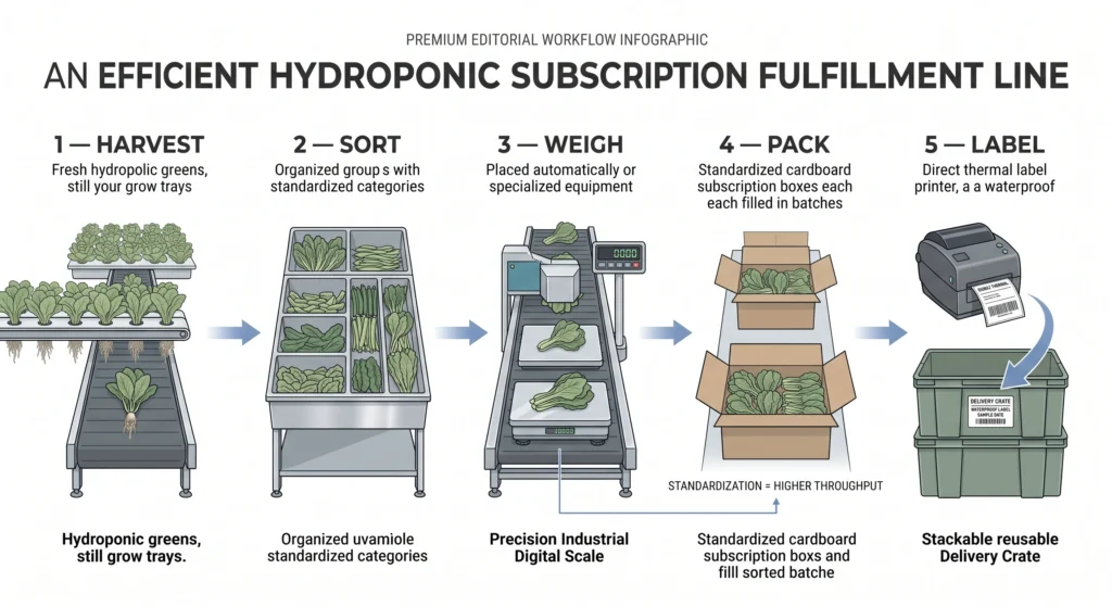 Editorial workflow infographic showing hydroponic produce being sorted, weighed, packed, labeled, and prepared for delivery.
