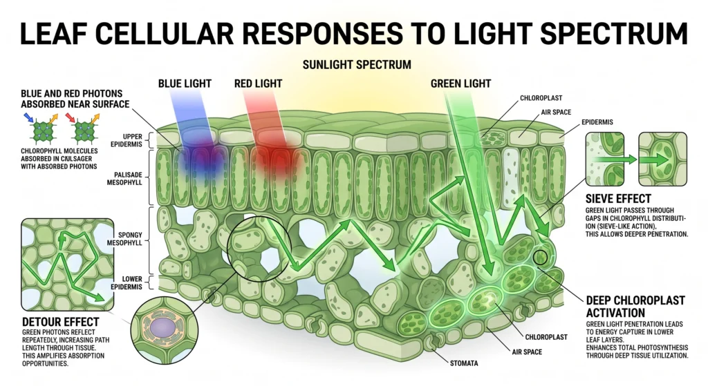 Scientific illustration showing green photons scattering through leaf tissues to reach chloroplasts deeper within the leaf, while blue and red photons are absorbed near the leaf surface.