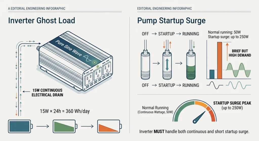 Technical infographic comparing inverter standby power consumption with the startup surge of an inductive hydroponic pump.
