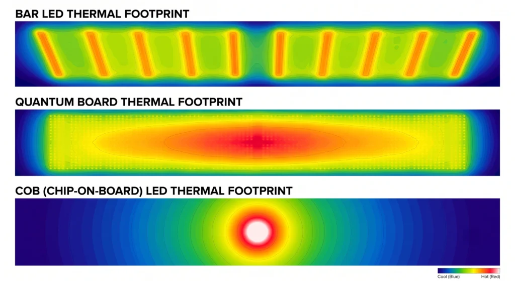 Surface heat comparison of bar LED, quantum board and COB fixtures.