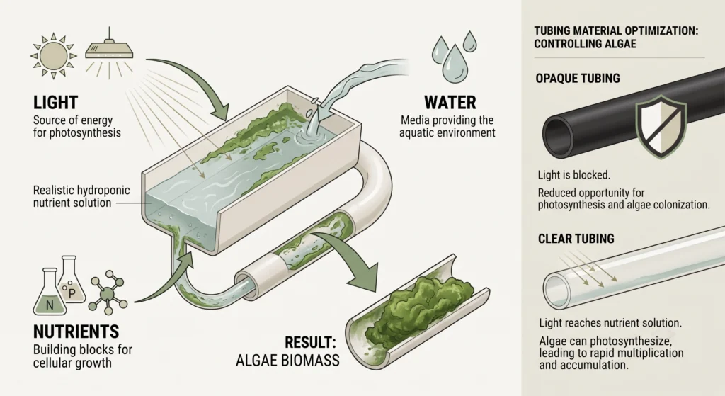 Stop Algae in Hydroponic Tubing & NFT Channels 1 Diagram showing light, water, and nutrients driving algae growth in hydroponic systems