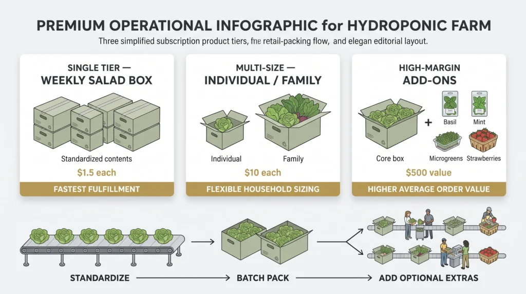Infographic comparing single weekly box, family-size box, and high-margin add-on subscription tiers for a hydroponic farm.
