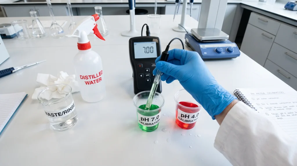 The Ultimate Hydroponic pH Meter Guide: Anatomy of a $1,200 Mistake 8 Calibrating a hydroponic pH meter using pH 4 and pH 7 buffer solutions
