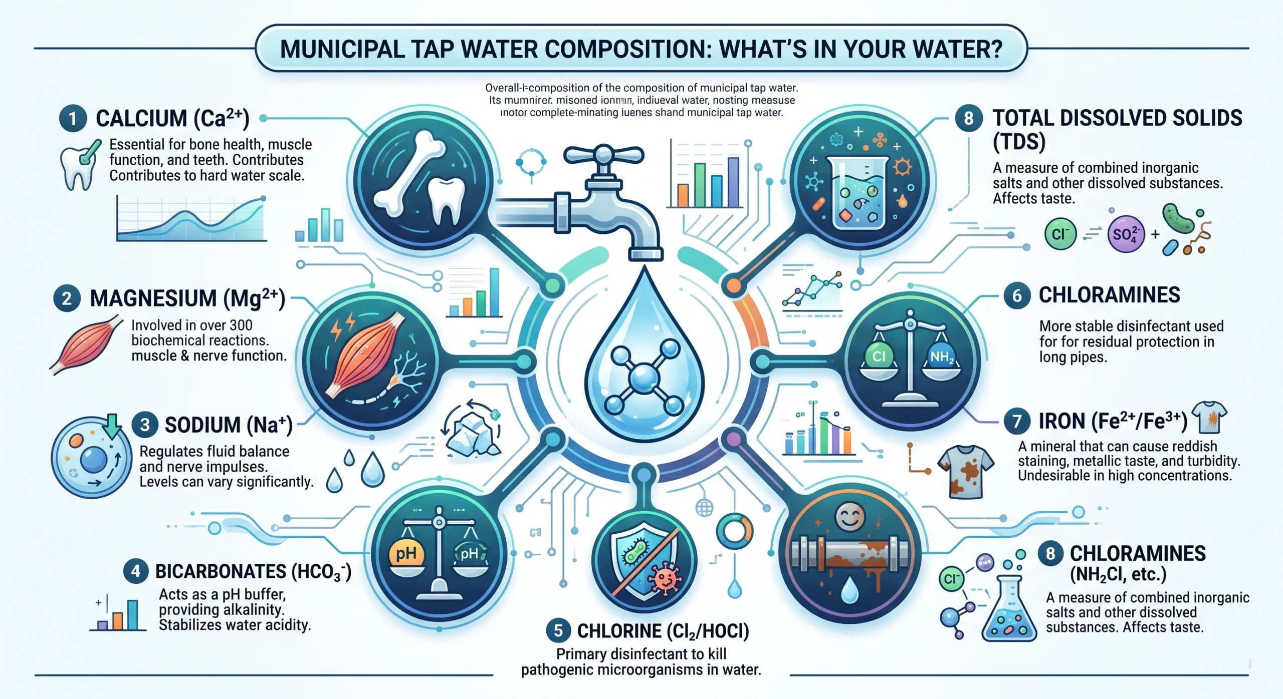 Infographic illustrating common dissolved minerals in municipal tap water including calcium, magnesium, sodium, bicarbonates, chloride, and chlorine.