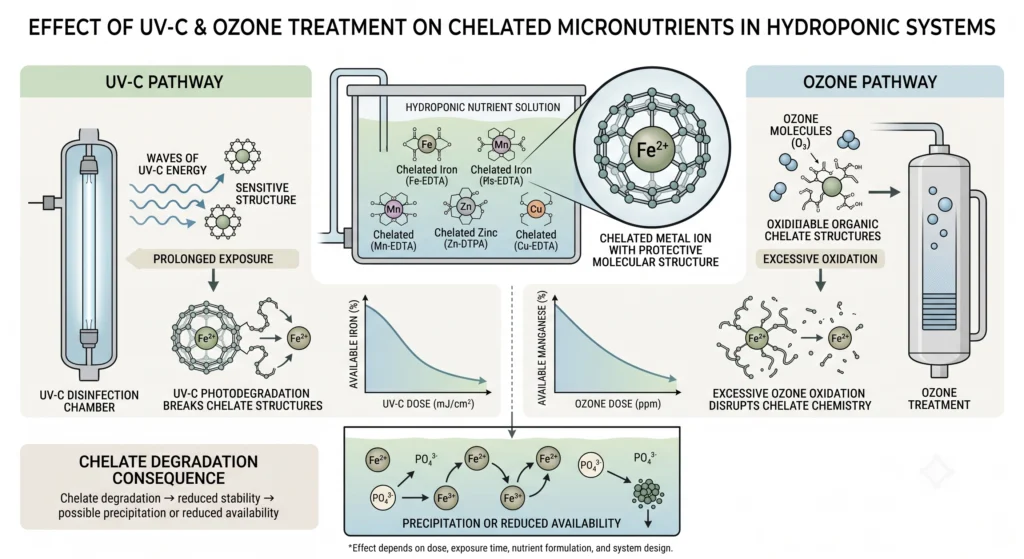 Diagram showing UV-C and ozone effects on chelated micronutrients in hydroponic nutrient solution