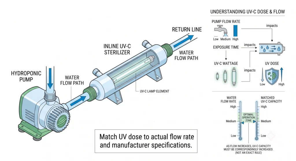 Hydroponic UV-C sterilizer showing pump flow rate and UV-C wattage relationship