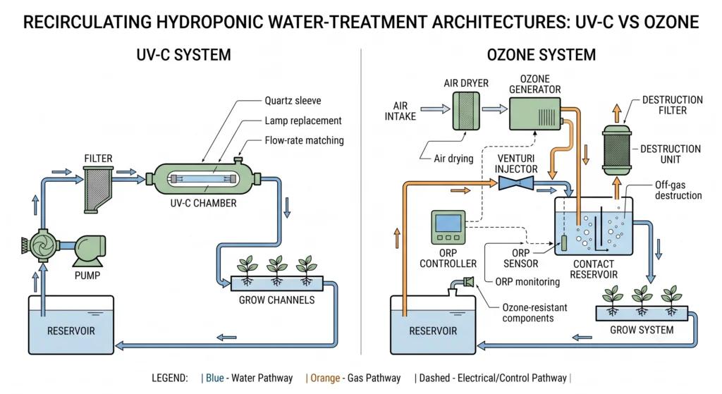 Diagram comparing UV-C and ozone treatment layouts in a recirculating hydroponic system