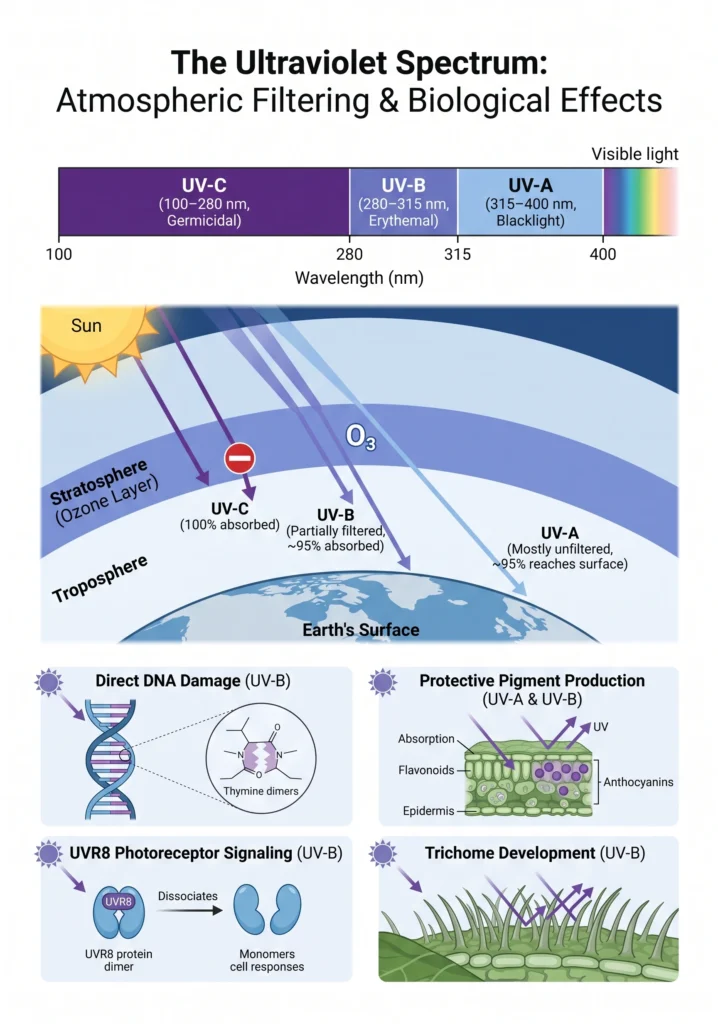Scientific infographic comparing UV-A, UV-B and UV-C wavelengths, atmospheric filtering, plant responses, and relative biological effects in hydroponic cultivation.