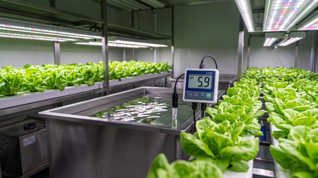 The Ultimate Hydroponic pH Meter Guide: Anatomy of a $1,200 Mistake 1 Digital hydroponic pH meter measuring nutrient solution inside an indoor hydroponic reservoir