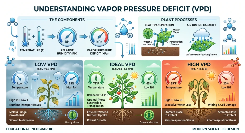 Powdery Mildew Prevention in High-Humidity Grow Tents: The Ultimate Eradication Guide 3 Infographic explaining vapor pressure deficit in indoor hydroponic grow tents.