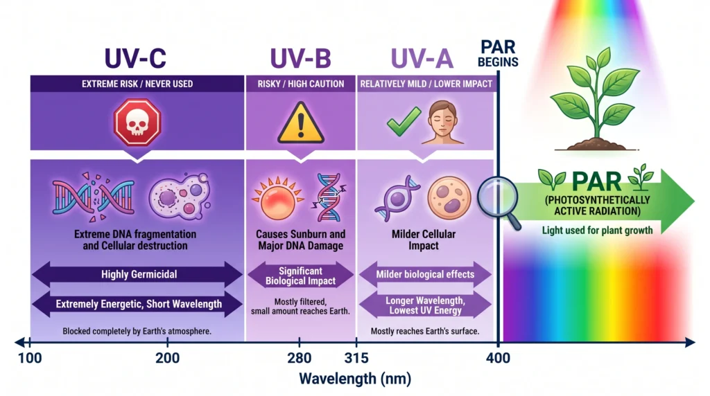 Educational infographic comparing UV-C, UV-B, UV-A, visible light, and PAR ranges, showing atmospheric filtering and the biological effects of each wavelength on hydroponic plants.