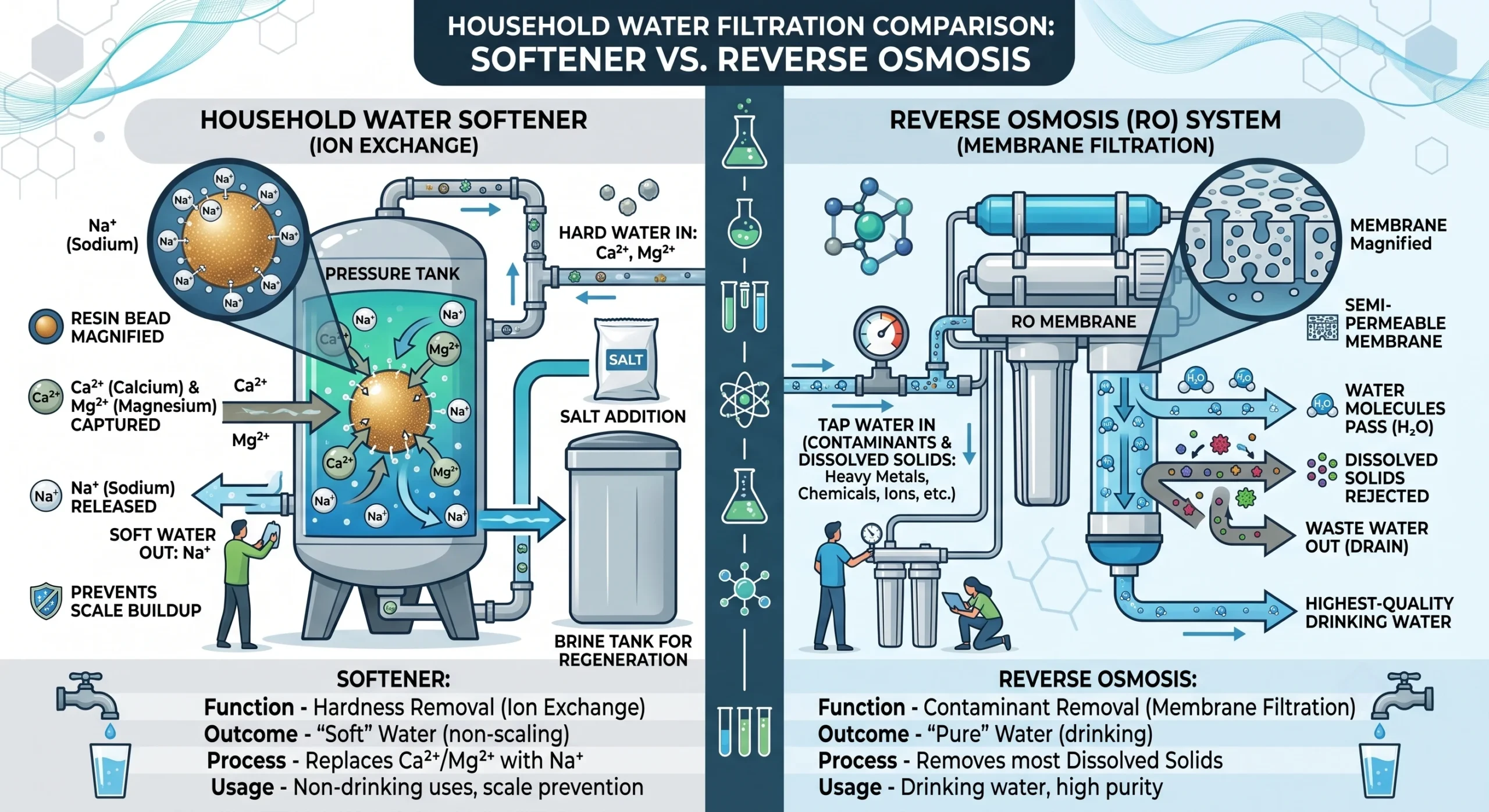 Comparison diagram explaining how water softeners replace calcium with sodium while reverse osmosis removes dissolved minerals completely.