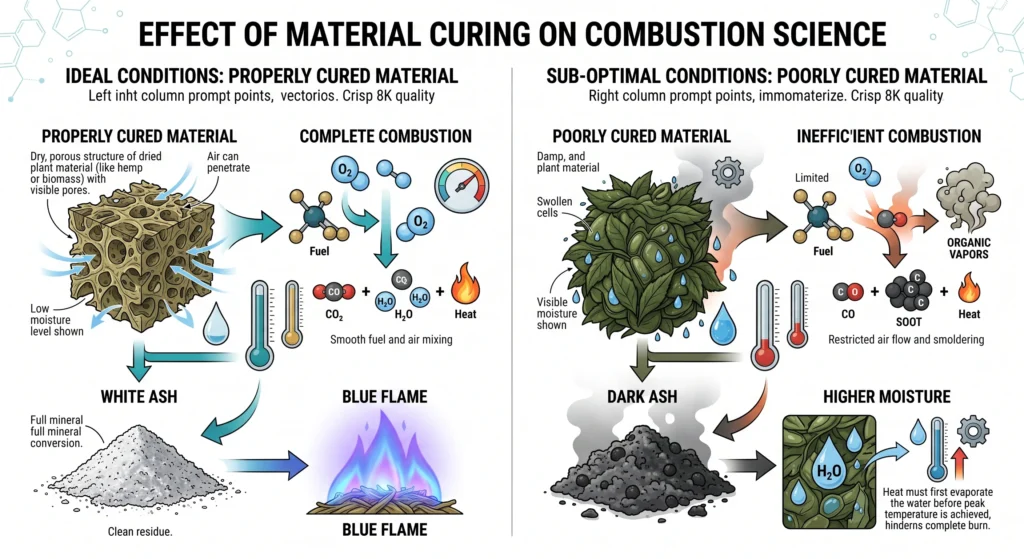 Scientific comparison showing complete combustion producing light gray ash and incomplete combustion producing dark ash, illustrating the effect of moisture and curing rather than fertilizer residue.