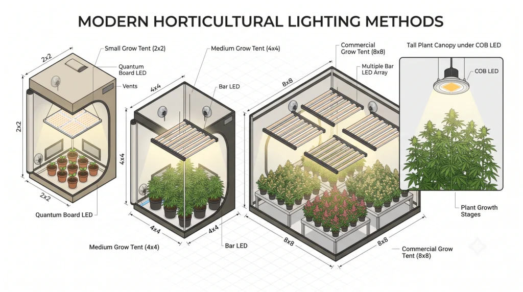 Illustration showing ideal grow light type for different grow tent sizes=