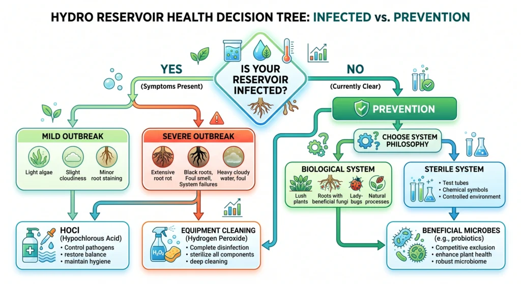 Decision tree for selecting hypochlorous acid, hydrogen peroxide, or beneficial microbes.