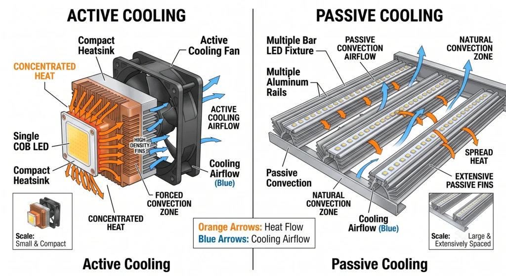 Diagram showing why COB LEDs require active cooling while bar LEDs use passive cooling.