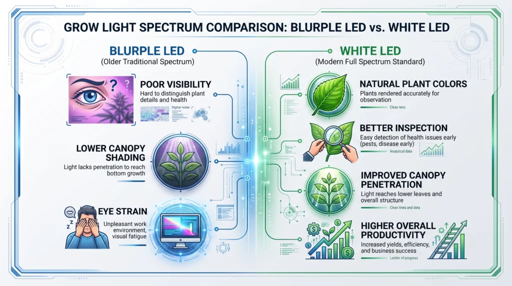 Educational infographic comparing traditional blurple LED grow lights with modern full-spectrum white LEDs, highlighting canopy penetration, plant inspection, color rendering, and overall growing performance.