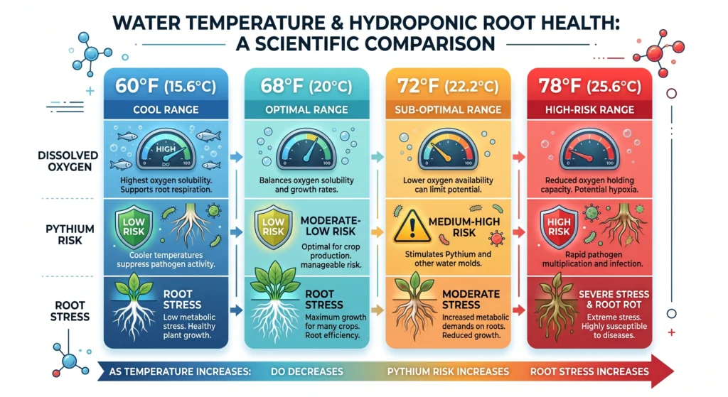 Illustration showing dissolved oxygen levels and Pythium risk at different reservoir temperatures.