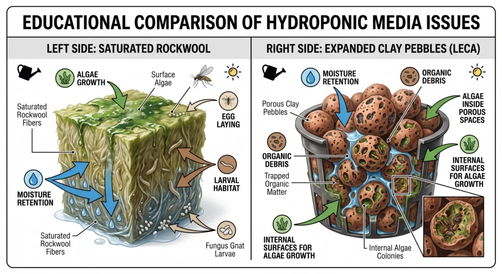 Side-by-side comparison of rockwool and clay pebbles showing fungus gnat breeding conditions