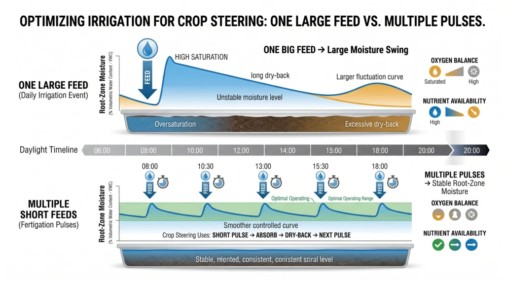 Time-based infographic comparing one large daily hydroponic watering event with multiple short nutrient pulses that maintain stable root-zone moisture and EC.