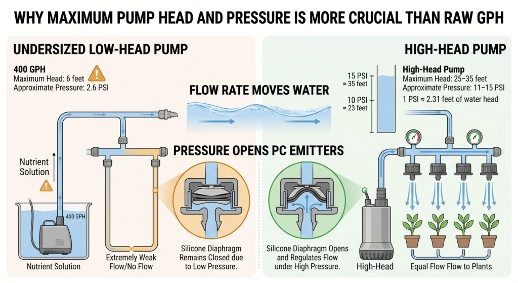 Technical infographic comparing a low-head pump unable to activate pressure-compensating drip emitters with a high-head pump producing sufficient pressure for uniform irrigation.