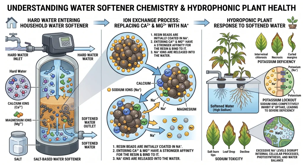 Diagram explaining how sodium-based water softeners replace calcium with sodium and damage hydroponic plants