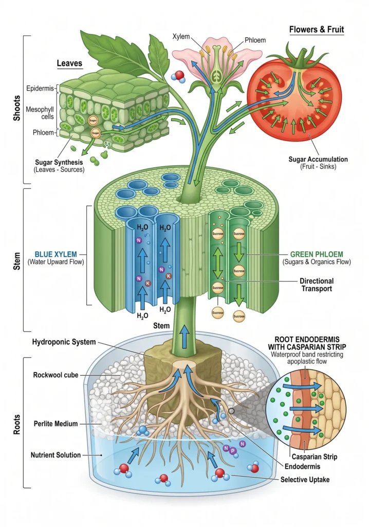 Scientific cross-sectional diagram showing water movement through the xylem and sugar transport through the phloem, illustrating why nutrients cannot be flushed back out of mature plant tissues.