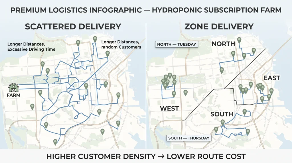 City-zone delivery infographic showing subscribers grouped into geographic delivery zones to reduce mileage and labor costs.