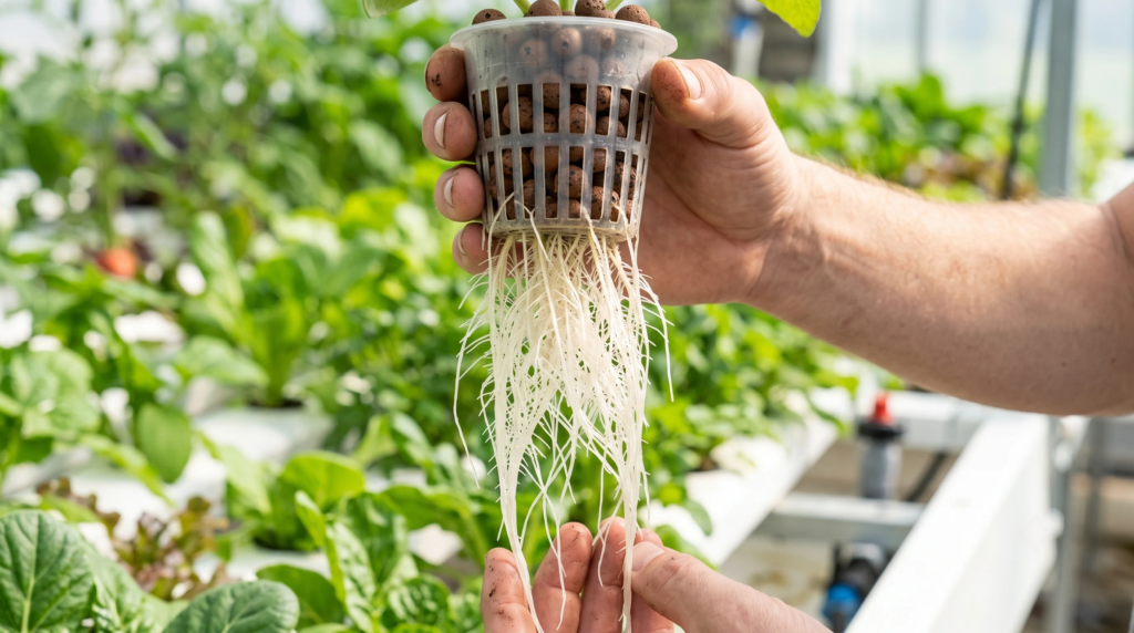 Examining bright white healthy plant roots growing through a plastic net pot | Hydroponic health check