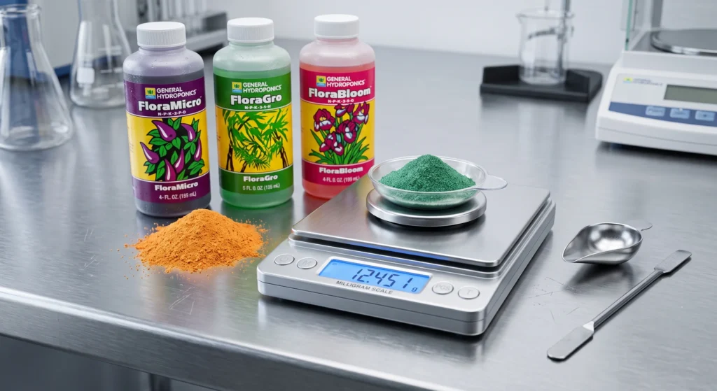 Masterblend vs Jack's 321 | Dry hydroponic nutrient powders laid out alongside liquid measurement syringes