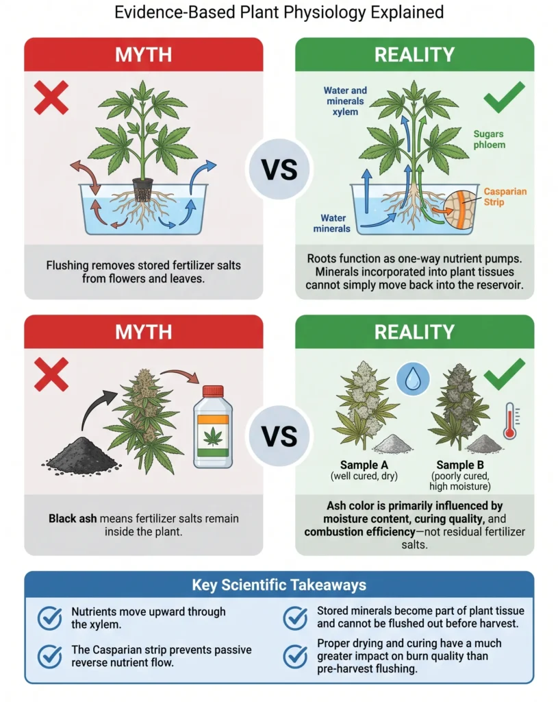 Educational infographic comparing common hydroponic flushing myths with evidence-based plant science, explaining that roots function as one-way nutrient pumps and that ash color is influenced by moisture content and curing rather than fertilizer salts.