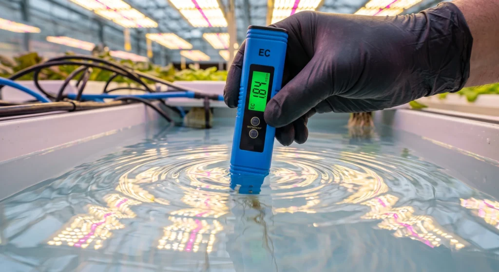 Masterblend vs Jack's 321 | Grower checking EC levels in a clean hydroponic reservoir with a digital mete