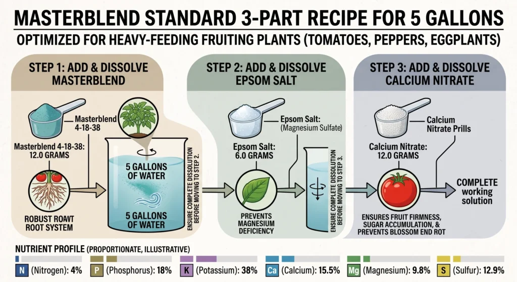 An infographic detailing the 3-part mixing process and standard nutrient ratio for Masterblend hydroponic tomato feed. It shows scoops and gram measurements for Masterblend 4-18-38, Epsom Salt, and Calcium Nitrate per 5 gallons, with icons illustrating the benefits for roots, foliage, and fruit development.