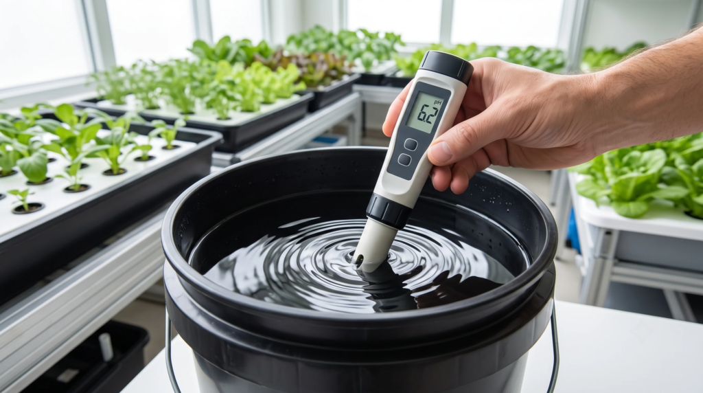 Testing the pH and EC levels of a hydroponic reservoir bucket | System calibration