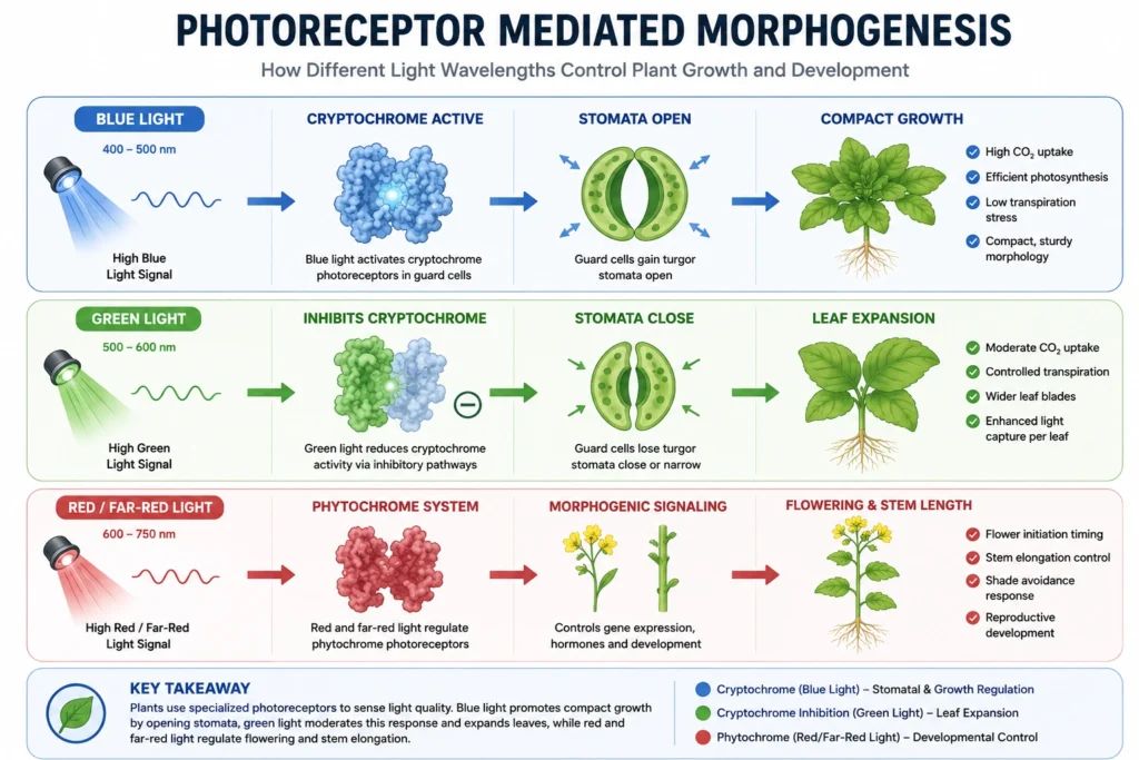 Scientific infographic showing how blue light activates cryptochrome for compact growth, green light modulates cryptochrome signaling to influence leaf expansion, and red plus far-red light activates the phytochrome system controlling flowering and stem elongation.