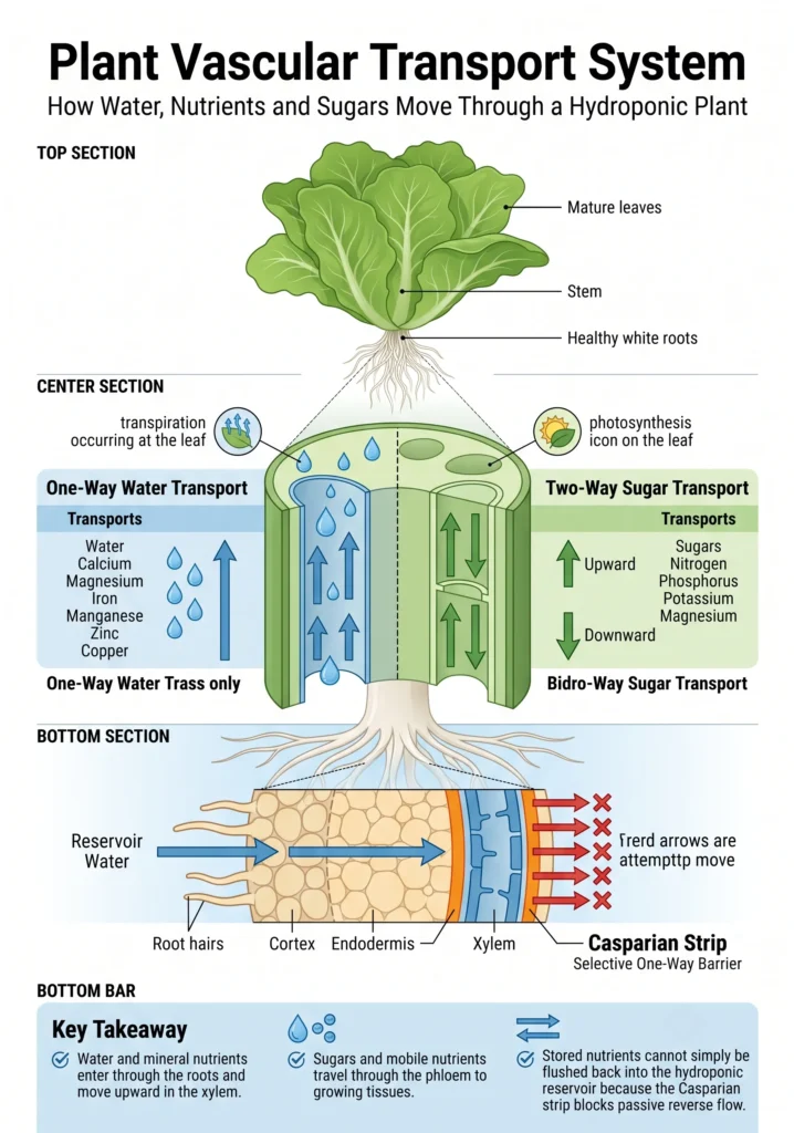 Scientific cross-sectional infographic illustrating xylem transporting water and dissolved minerals upward, phloem transporting sugars and mobile nutrients throughout the plant, and the Casparian strip in the root endodermis acting as a one-way barrier between the hydroponic reservoir and the vascular system.