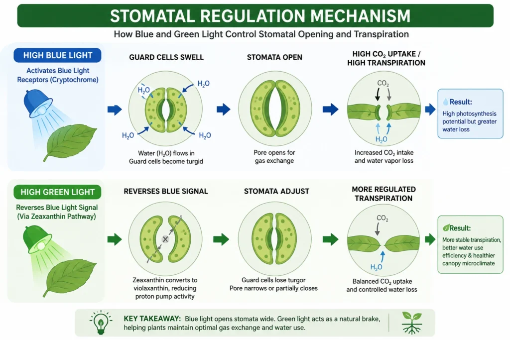 Infographic explaining how blue light opens plant stomata through guard cell swelling and high transpiration, while green light moderates the blue-light response to regulate stomatal opening and water loss in hydroponic plants.