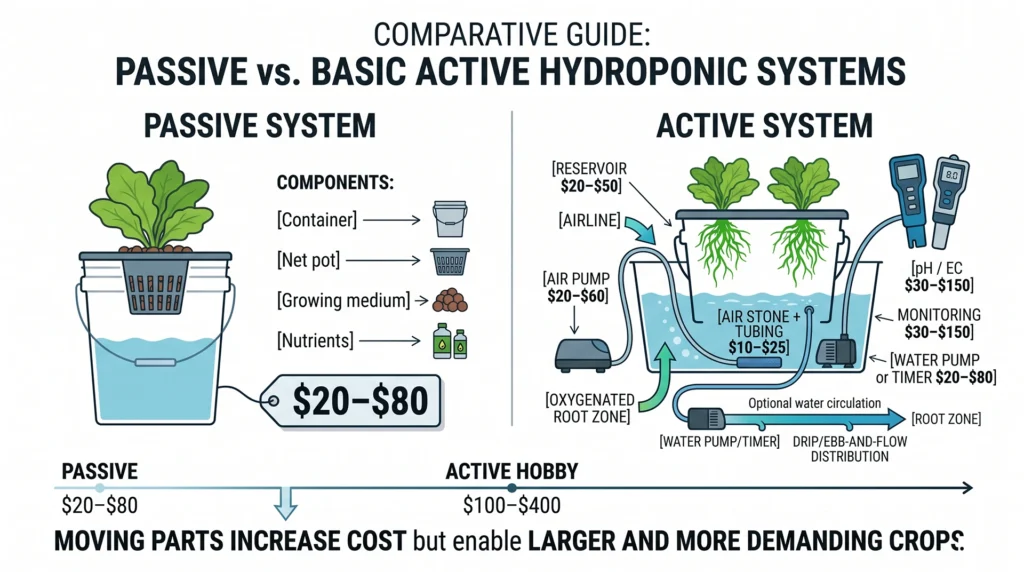How Much Does a Hydroponic System Cost? Budget Breakdowns for Every Setup 3 Cost breakdown infographic showing how air pumps, water pumps and timers increase the price of an active hydroponic system