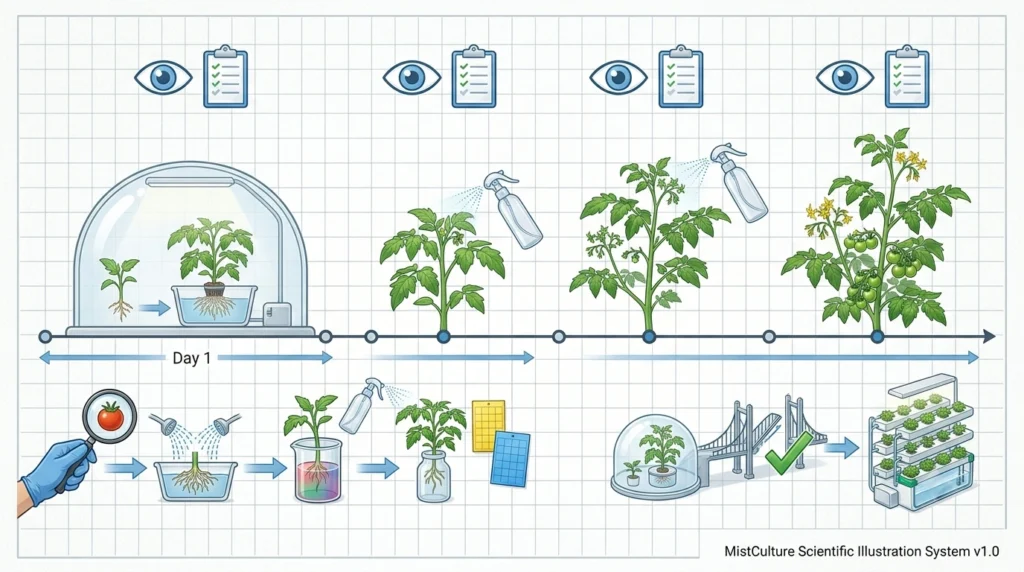 Timeline infographic illustrating the complete 14-day hydroponic clone quarantine process from inspection to final release.