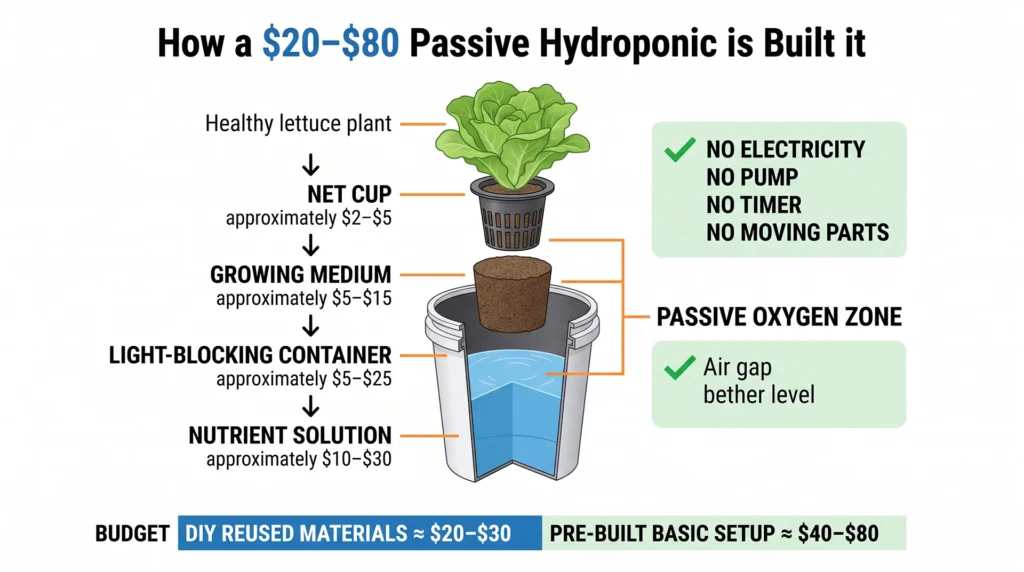 How Much Does a Hydroponic System Cost? Budget Breakdowns for Every Setup 2 Simple hydroponic budget infographic showing the low-cost components of a Kratky or wick system
