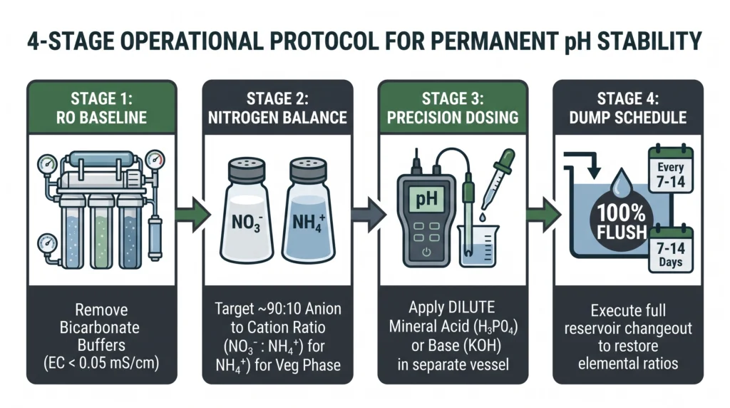 Engineered flowchart showing the four stages of a stabilization protocol: RO water, balanced N ratios, precision dosing, and dump schedule.