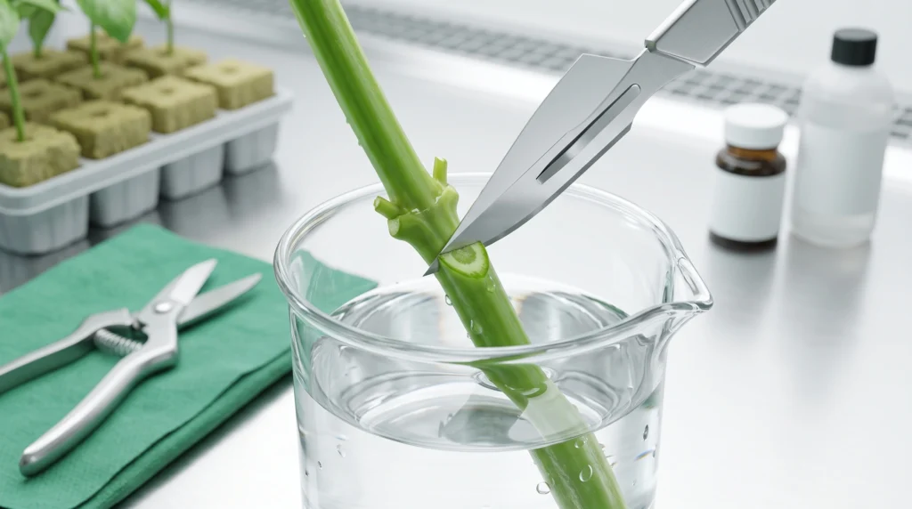 Cloning in Hydroponics: The Engineer's Guide to Vegetative Propagation 3 Hydroponic cutting being prepared with a sterile 45-degree underwater stem cut below a node