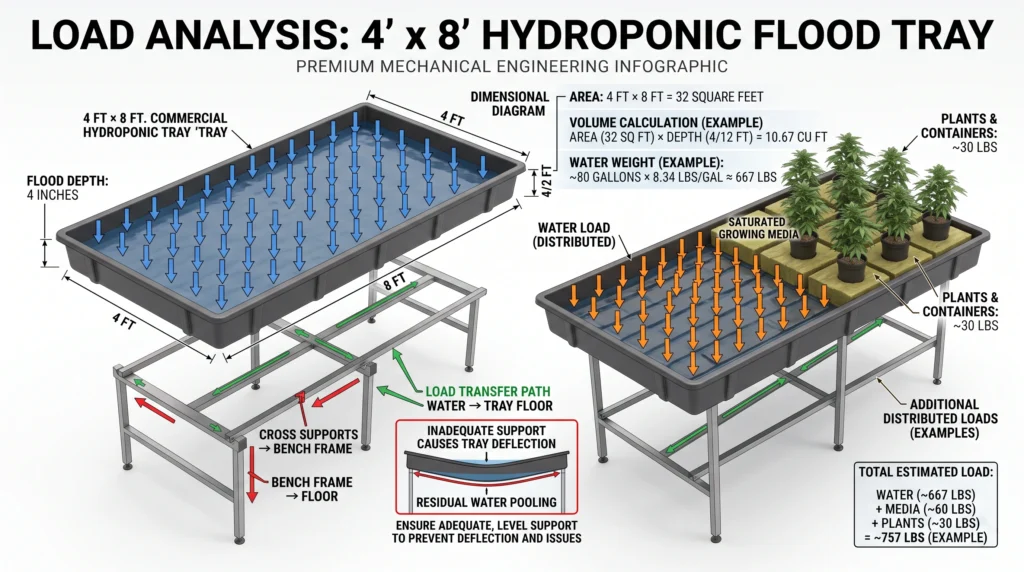 Commercial Grade Hydroponic Trays: Engineering Breakdown of Botanicare, FastFit, and Active Aqua 6 4 by 8 foot hydroponic flood tray load calculation showing water volume, water weight, growing media, and distributed load