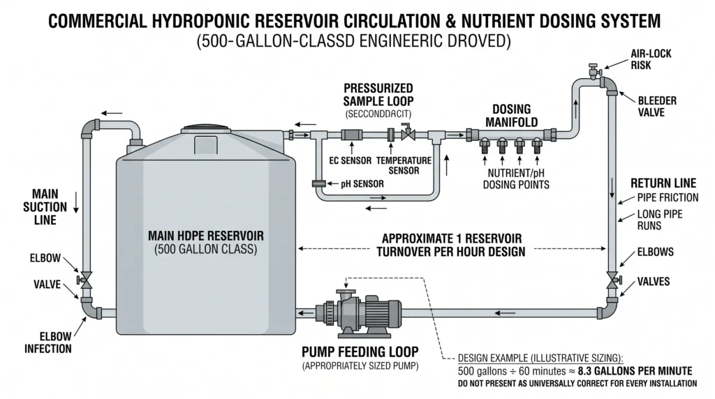 500-gallon hydroponic reservoir circulation pump and sensor manifold layout