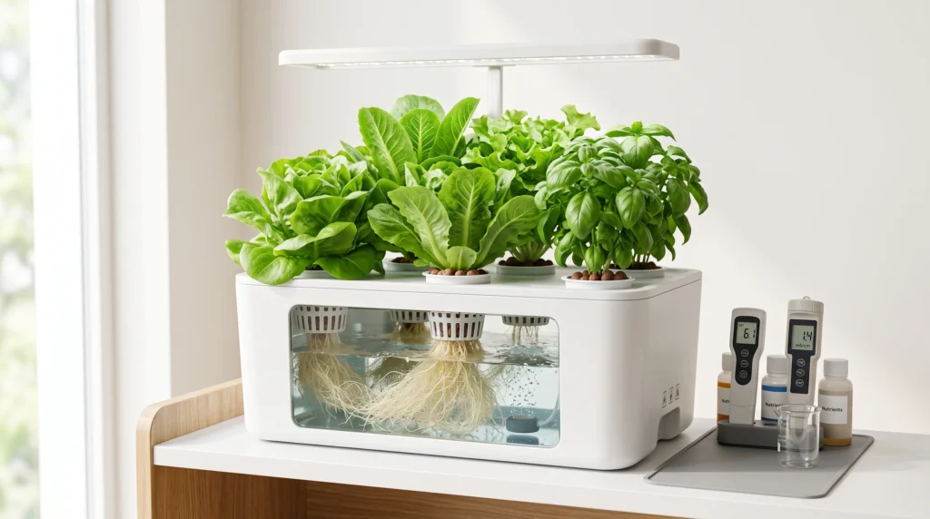 Healthy beginner hydroponic garden with leafy greens, stable nutrient reservoir and simple monitoring equipment