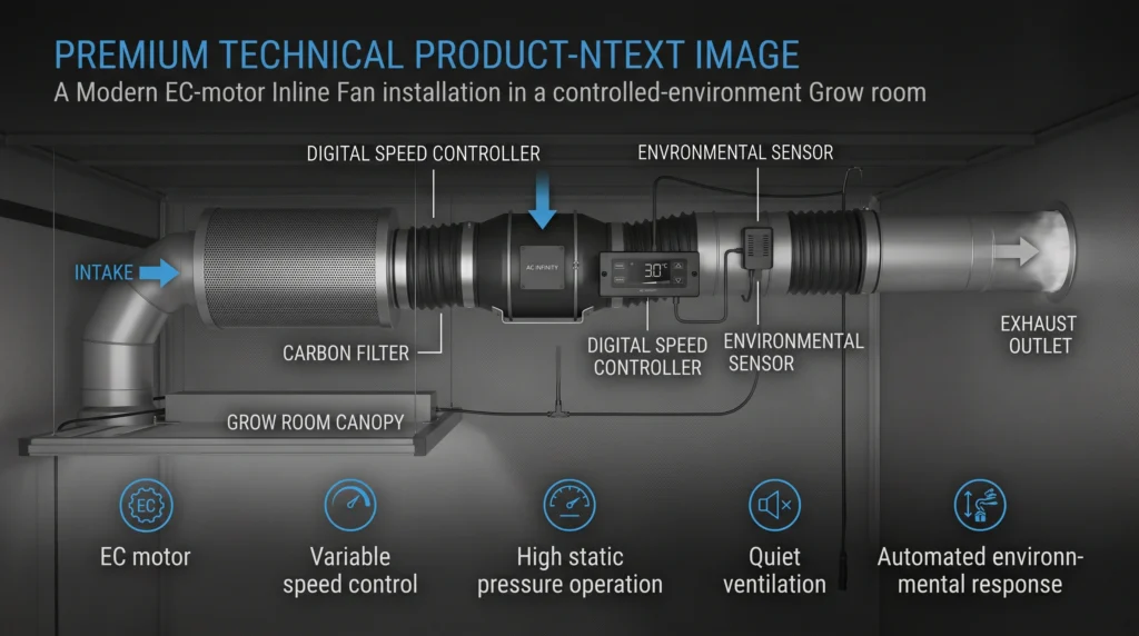 AC Infinity Cloudline inline fan integrated with carbon filter and grow room ducting