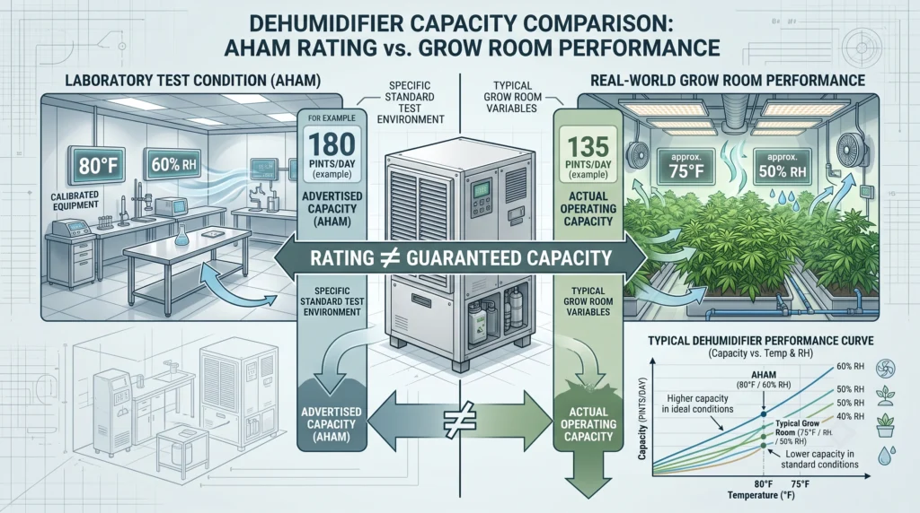Dehumidifier Sizing Math for Sealed Grow Rooms and Grow Tents 4 Comparison of AHAM rated dehumidifier capacity with real-world moisture removal at grow room conditions