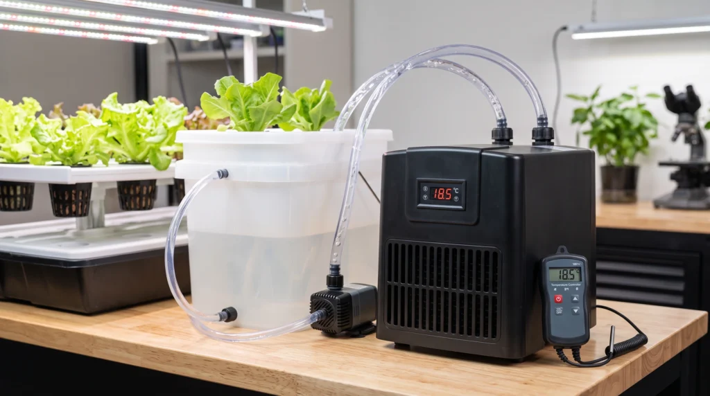 Active Aqua 1/10 HP water chiller used for hydroponic reservoir cooling