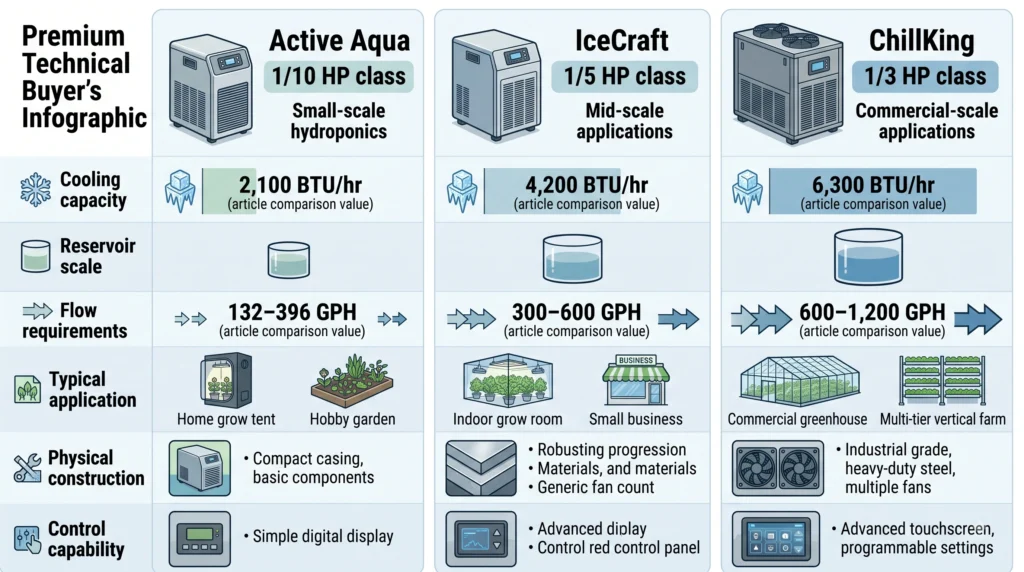 Comparison of Active Aqua, IceCraft and ChillKing hydroponic water chillers